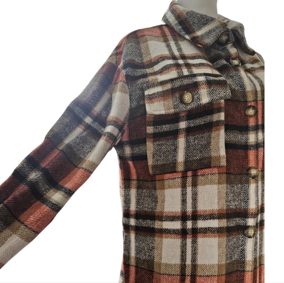 Shein Plaid Long Shacket Flannel Coat Jacket Fall Winter Casual Pre-Owned Size M - Picture 6 of 17